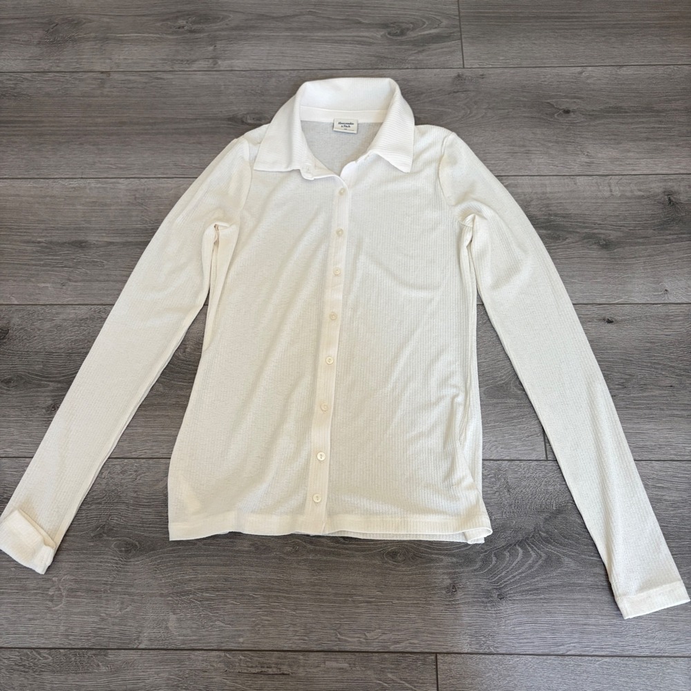 Abercrombie & Fitch White Ribbed Long Sleeve Button Down Shirt Womens XS Casual